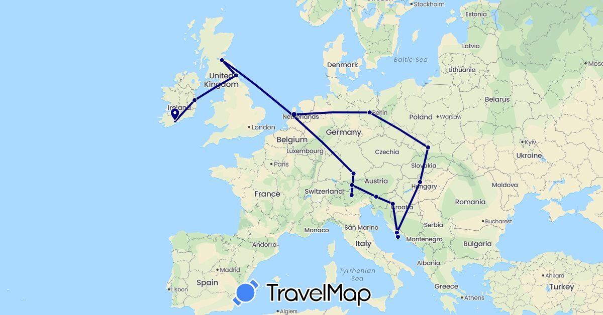 TravelMap itinerary: driving in Austria, Germany, United Kingdom, Croatia, Hungary, Ireland, Italy, Netherlands, Poland, Slovenia (Europe)